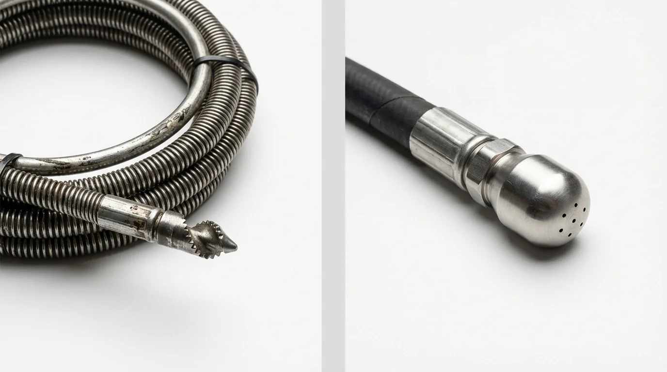 Drain snake cable and hydro jetting nozzle used for drain cleaning in Harvey, ND