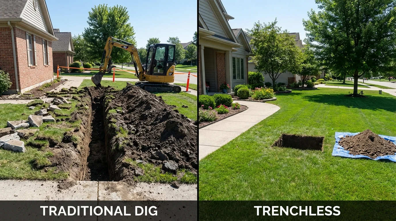 Trenchless sewer repair with minimal yard damage versus traditional excavation in Harvey, ND
