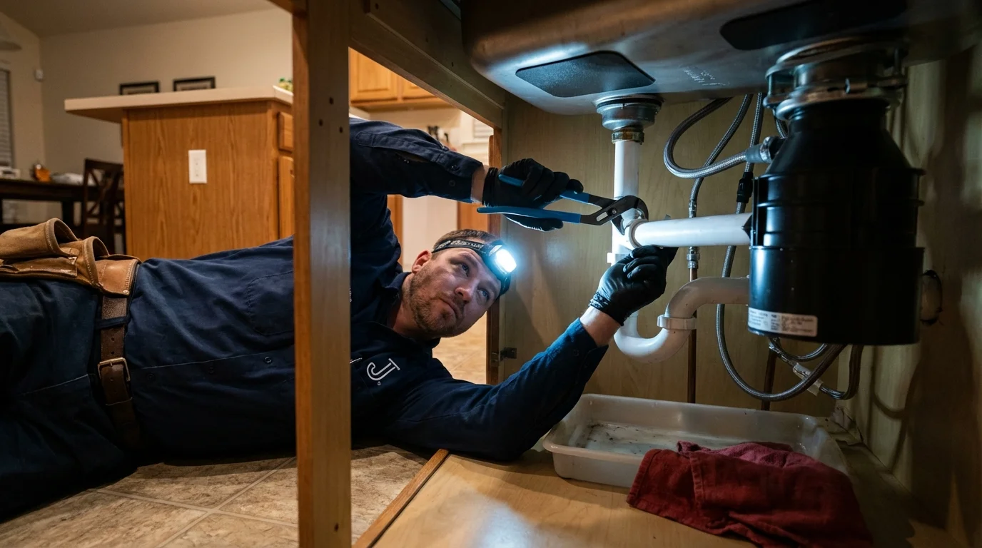 P-trap and supply line connections under a kitchen sink showing a common leak point in Harvey, ND